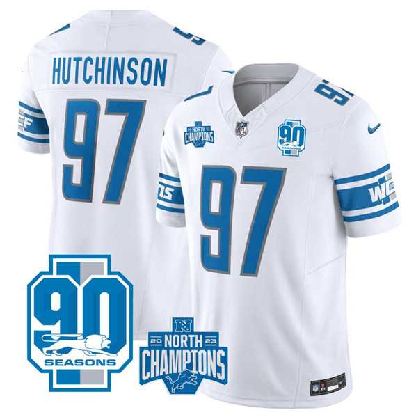 Men & Women & Youth Detroit Lions #97 Aidan Hutchinson White 2023 90th Anniversary North Division Champions Patch Limited Stitched Jersey->detroit lions->NFL Jersey